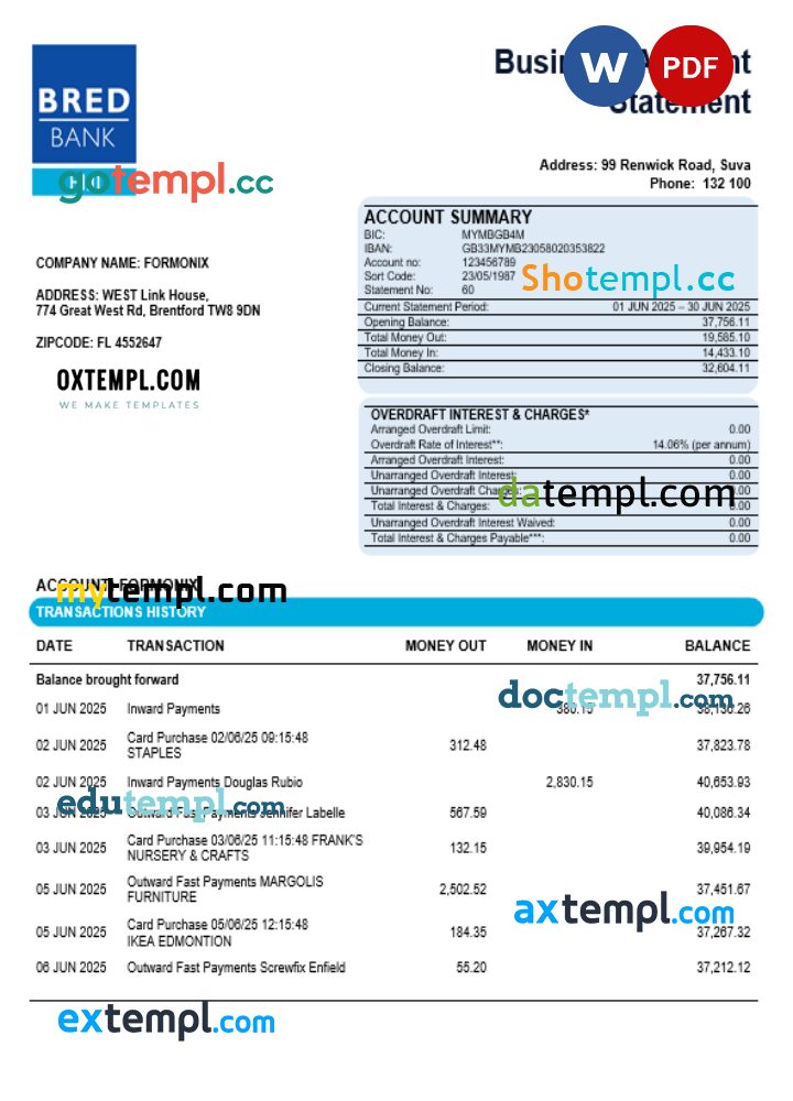 Bred bank firm account statement Word and PDF format