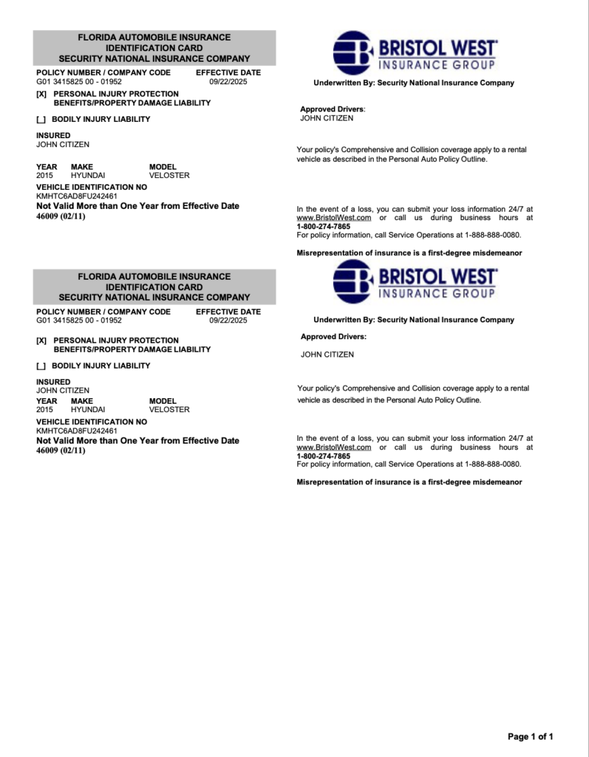 Bristol West Florida Automobile Insurance identification card Word and PDF template