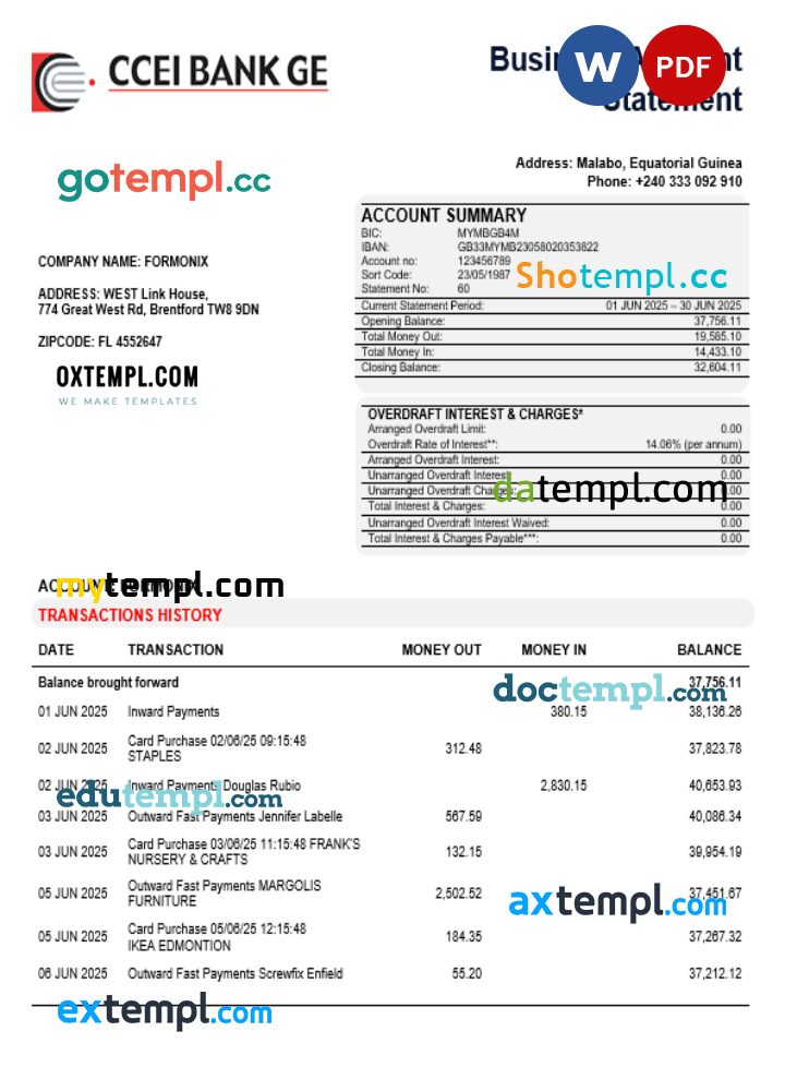 CCEI Bank business company account statement Word and PDF format