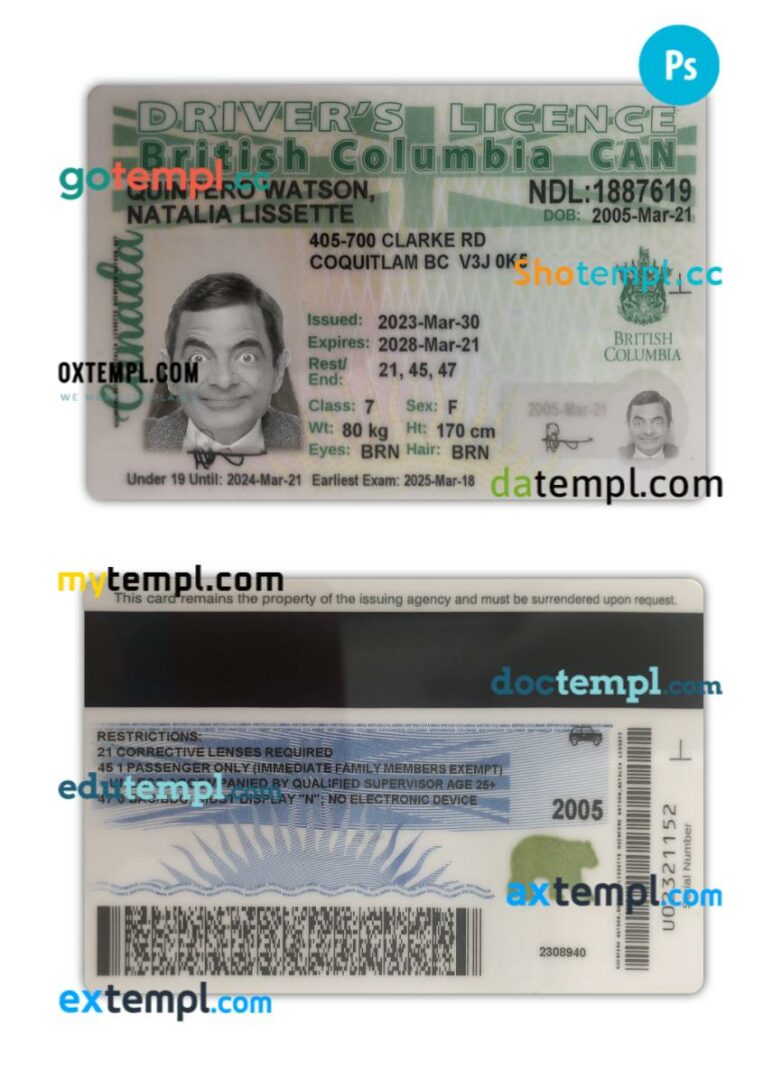 Canada British Columbia driving license PSD editable template, 2021-present