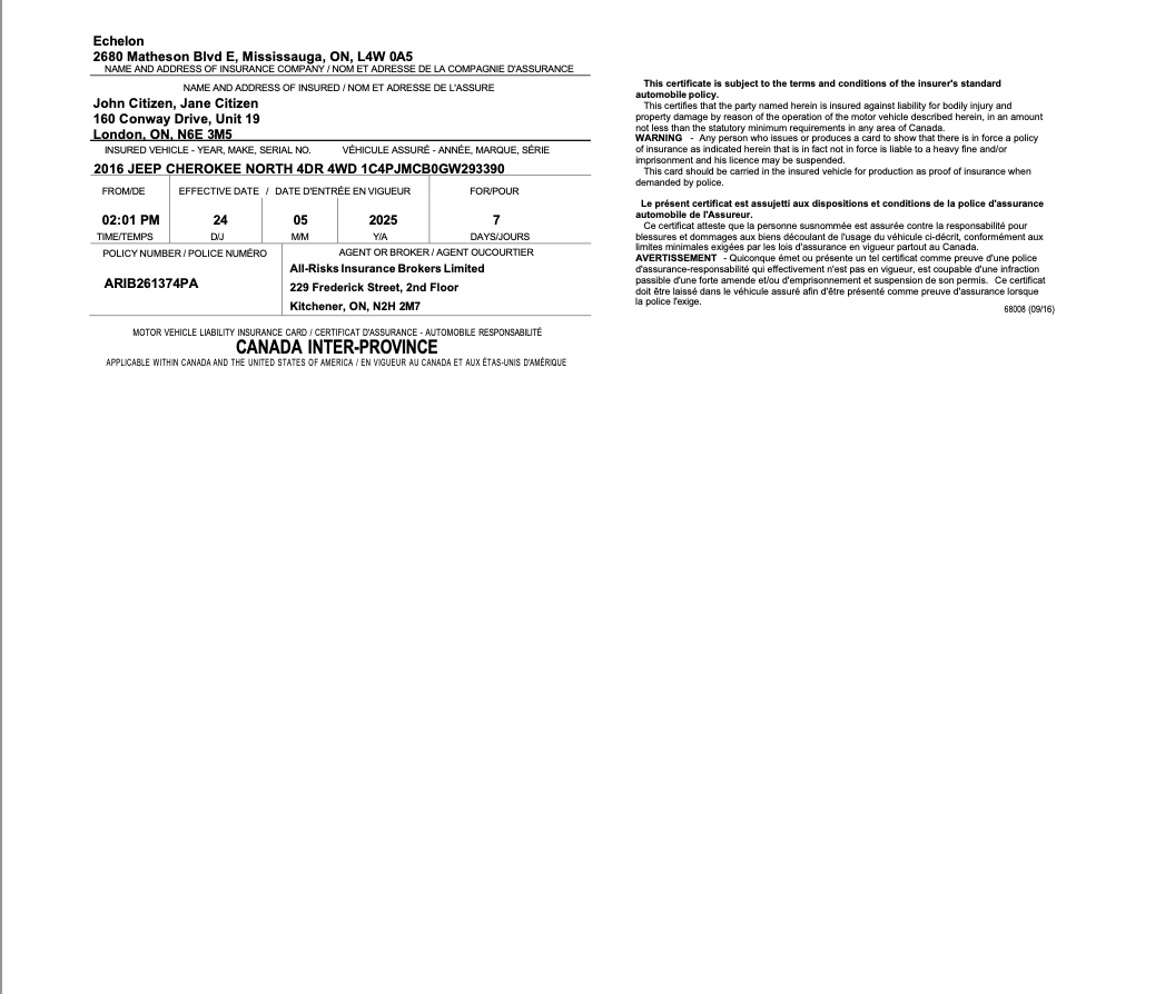 Canada Echelon Insurance motor vehicle liability insurance card Word and PDF template