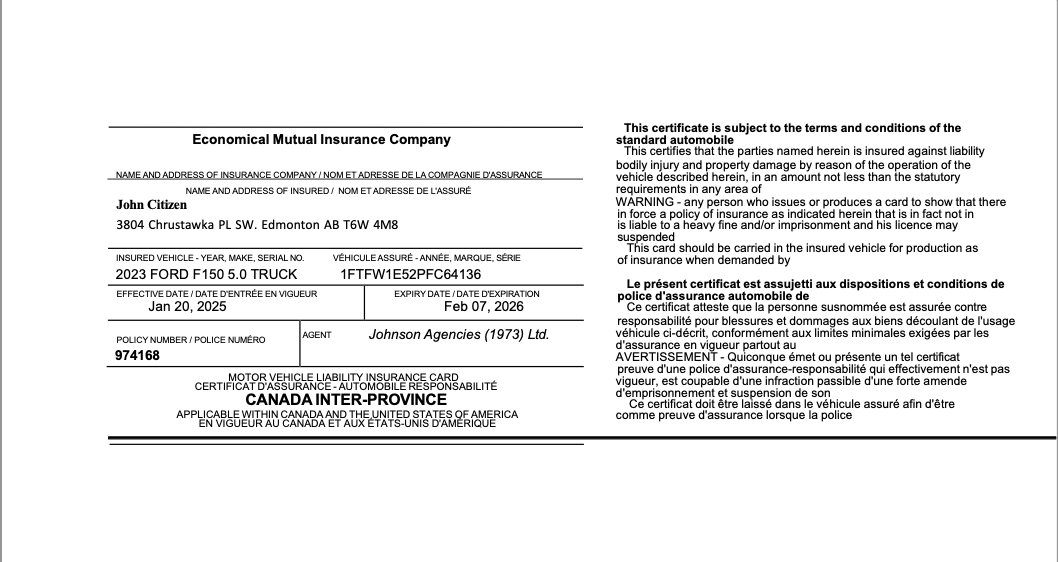 Canada Economical Mutual Insurance Company Motor Vehicle Liability insurance card Word and PDF template