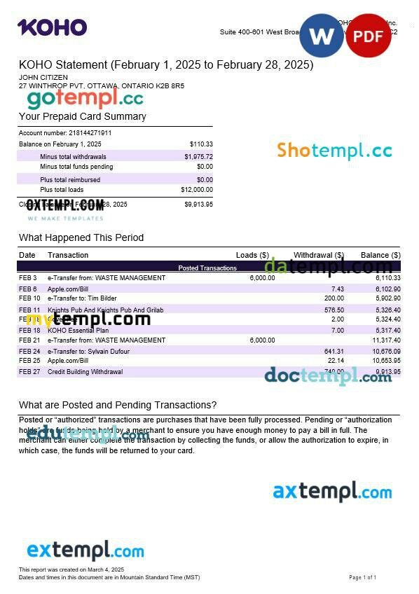 Canada KOHO Financial Incorporated statement Word and PDF template