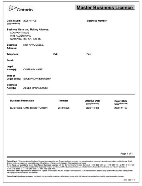 Canada Ontario master business license Word and PDF template