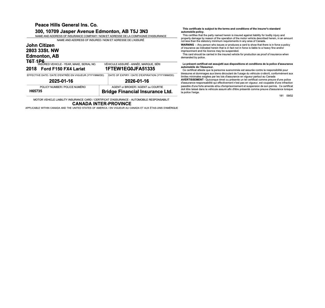 Canada Peace Hills Insurance motor vehicle liability insurance card Word and PDF template