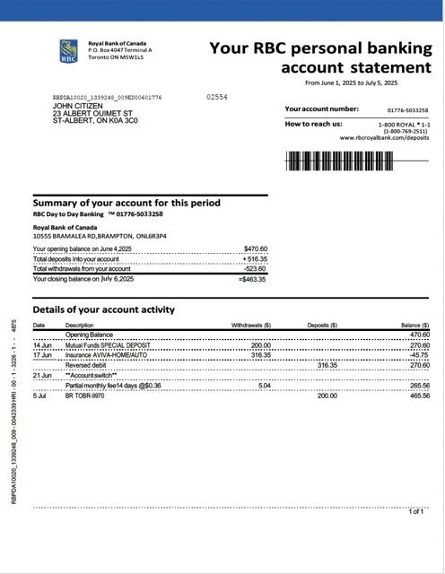 Canada Royal Bank of Canada account statement Word and PDF template