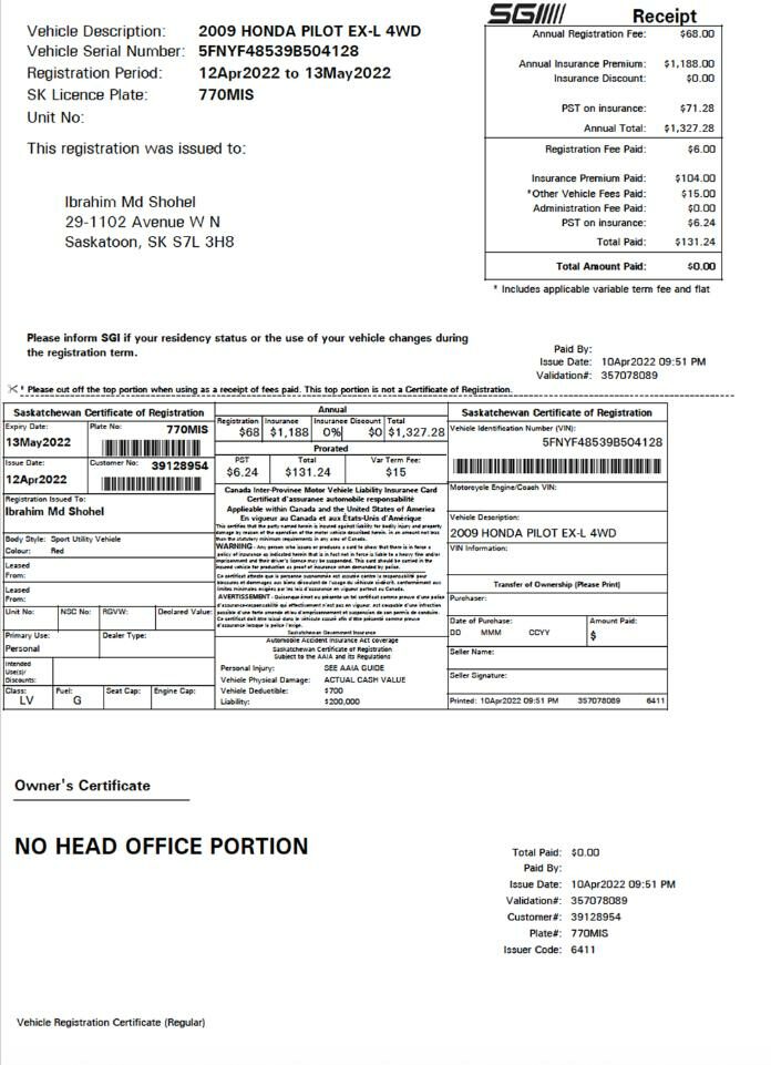 Canada Saskatchewan certificate of vehicle registration in PSD format