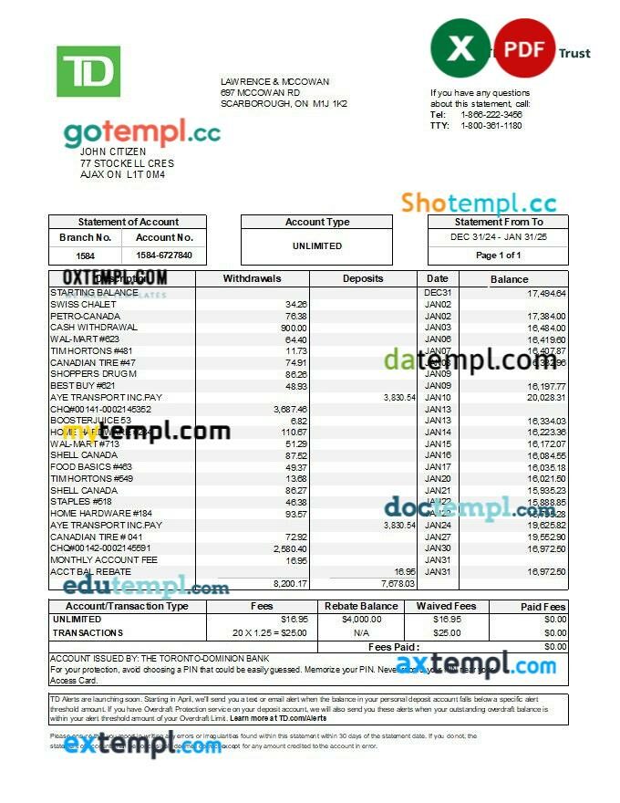 Canada TD Canada Trust bank statement template in Excel and PDF formats