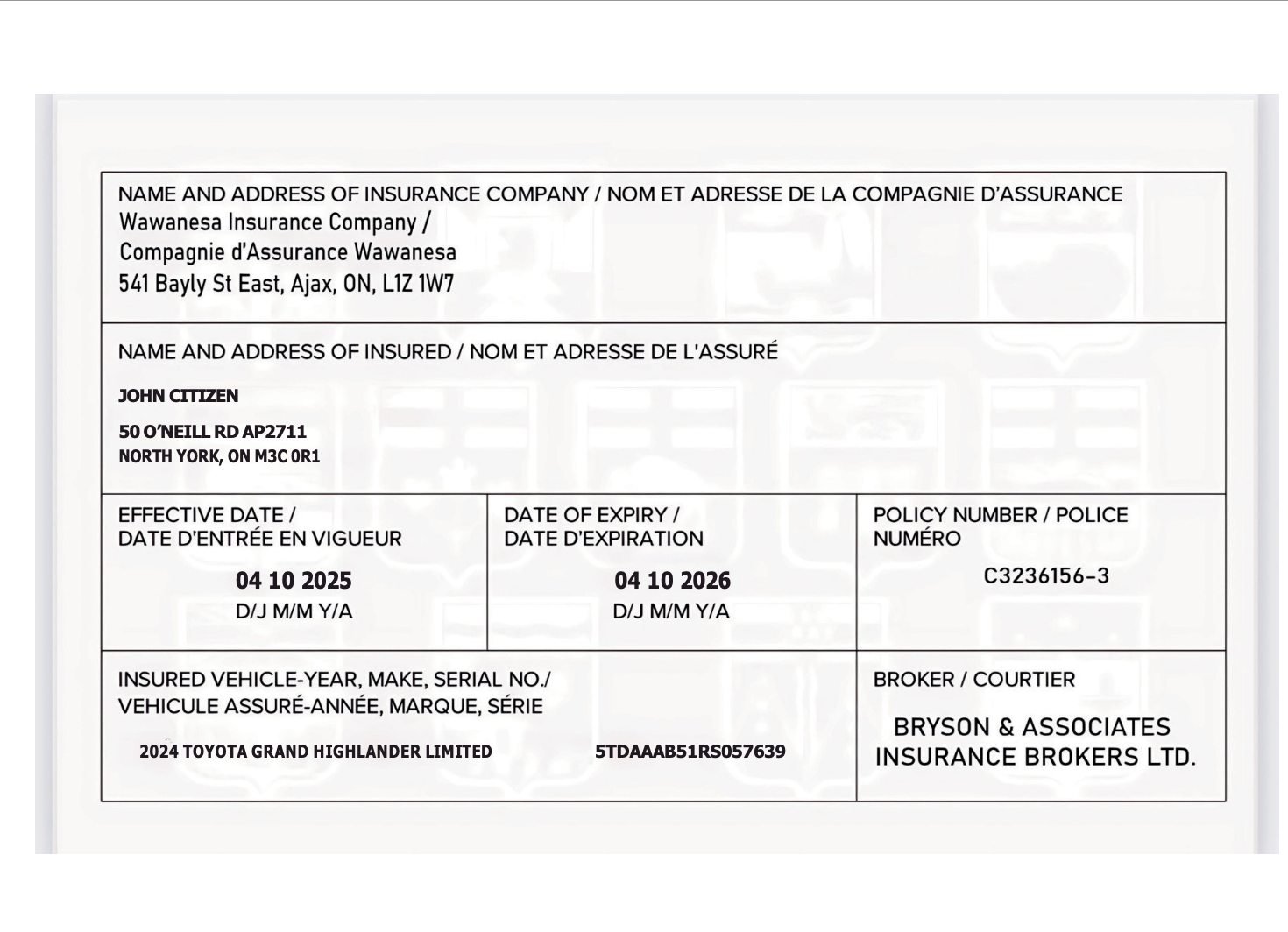 Canada Wawanesa Insurance Company car insurance card Word and PDF template