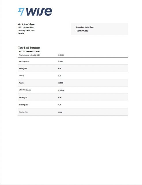 Canada Wise bank statement Word and PDF template