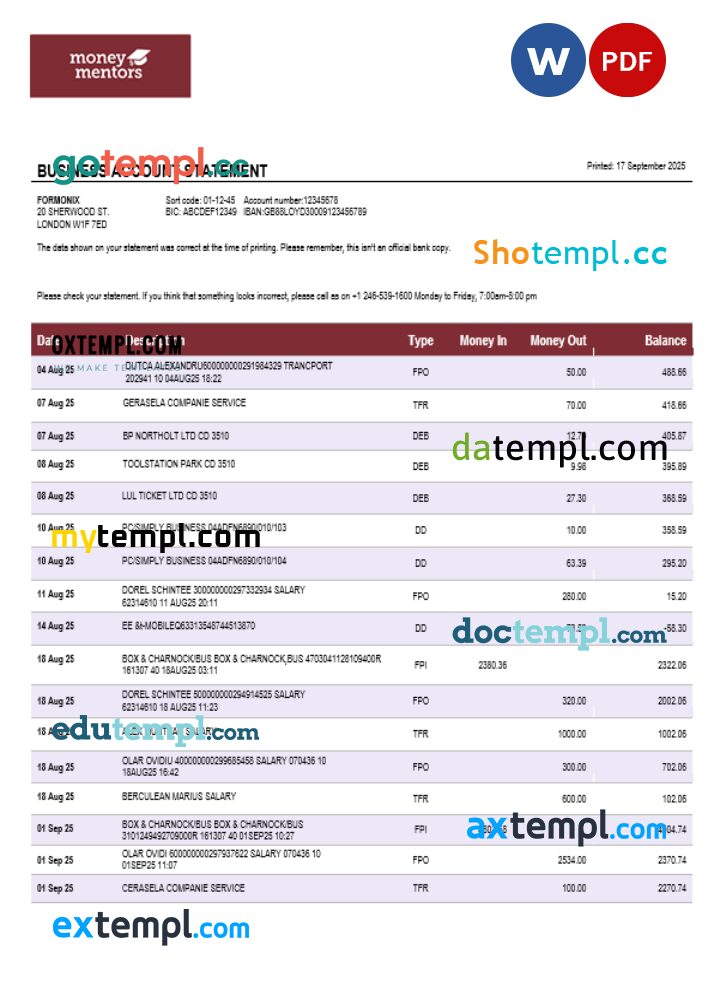 Canadian Money Mentors (MM) business organization checking statement Word and PDF format