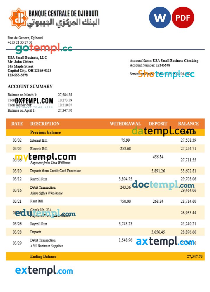 Central Bank of Djiboutian company checking account statement Word and PDF template