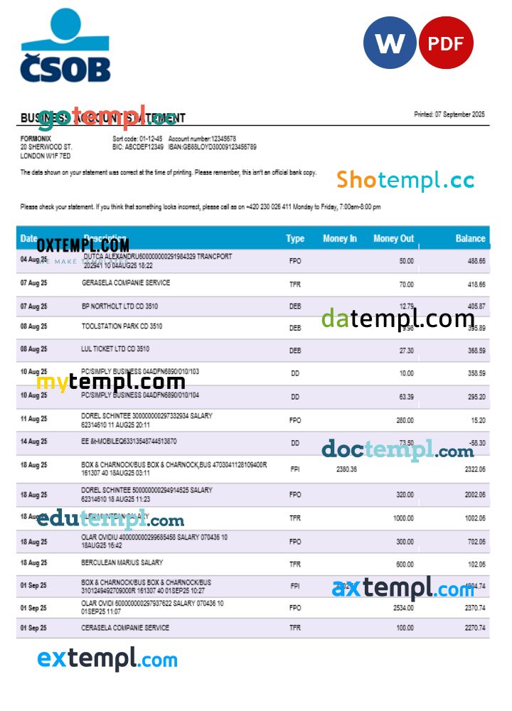 Československá Obchodní Banka business bank company statement Word and PDF format