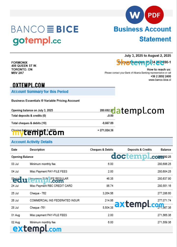 Chilean Banco Bice business firm account bank statement Word and PDF format