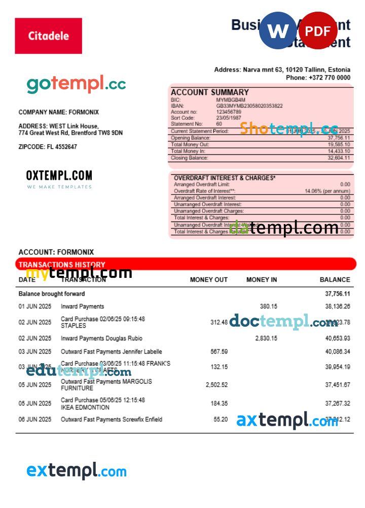 Citadele banka Eesti filiaal AS business account statement Word and PDF template