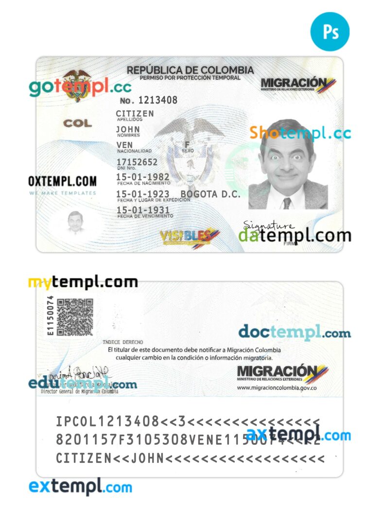 Colombia temporary protection leave card template in PSD format