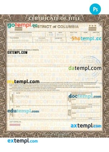 Columbia vehicle registration certificate in PSD format