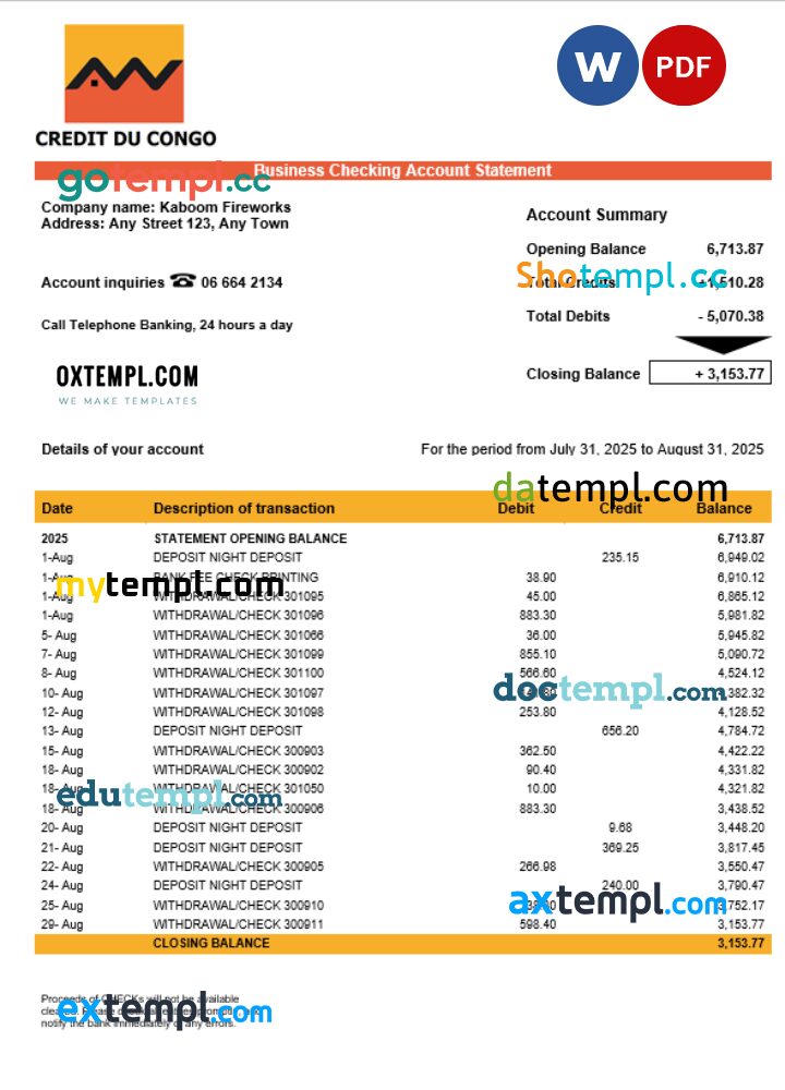 Congo Credit du Congo bank business account statement Word and PDF template
