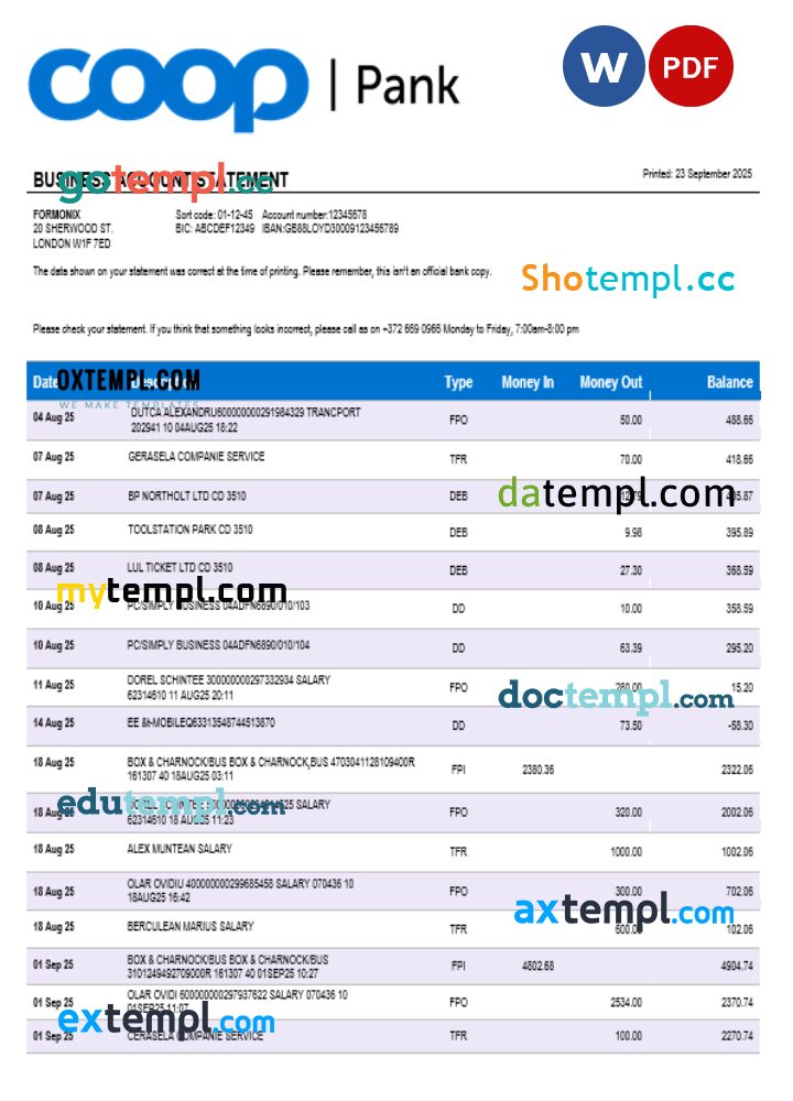 Coop Pank company checking account statement Word and PDF template