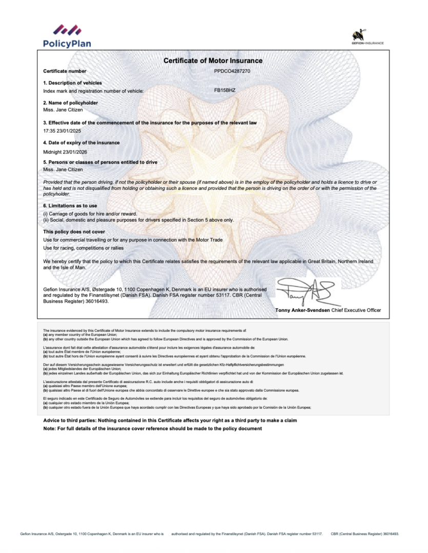 Copenhagen Gefion Insurance certificate of motor insurance Word and PDF template