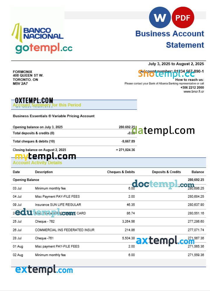 Costa Rican Banco Nacional de Costa Rican business bank company account statement Word and PDF format