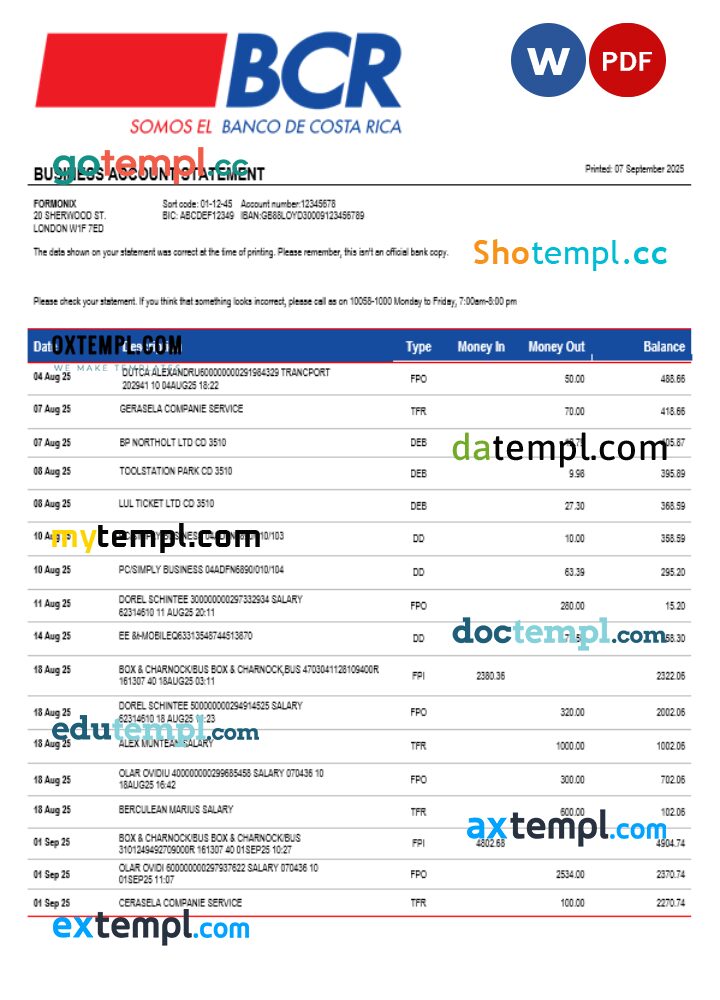 Costa Rican The Bank of Costa Rican bank organization checking account statement Word and PDF format