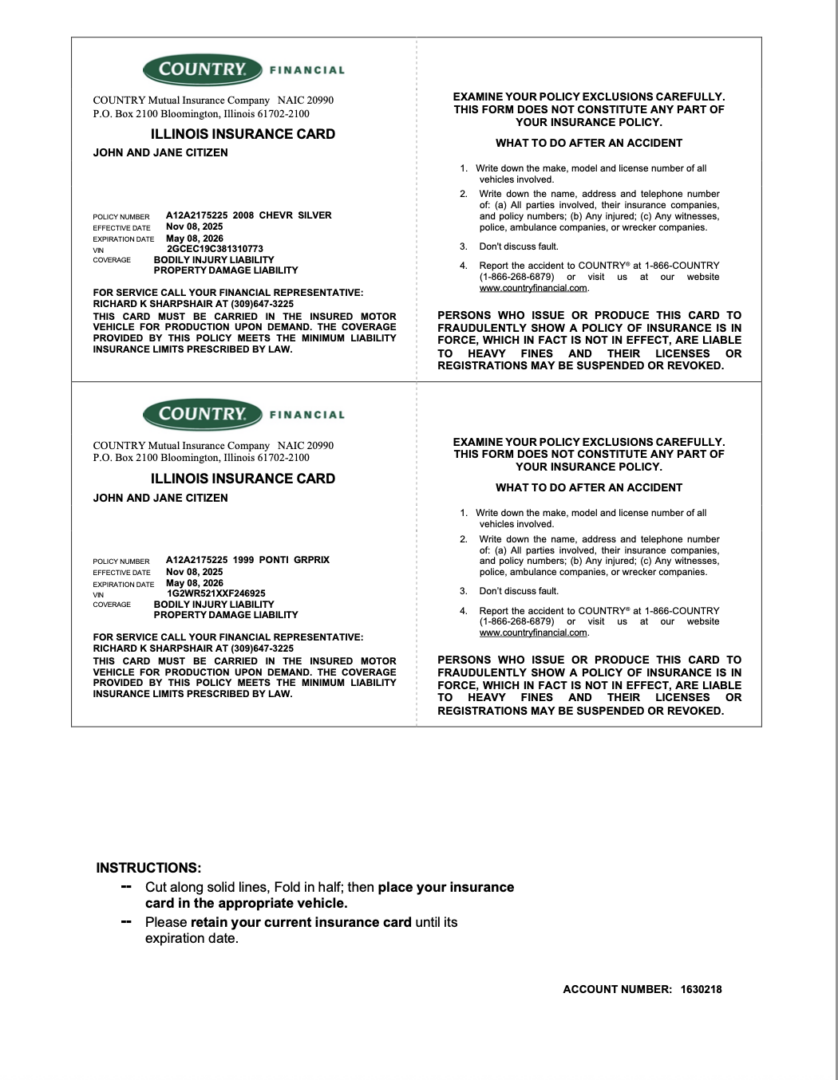 Country Financial Illinois insurance card Word and PDF template