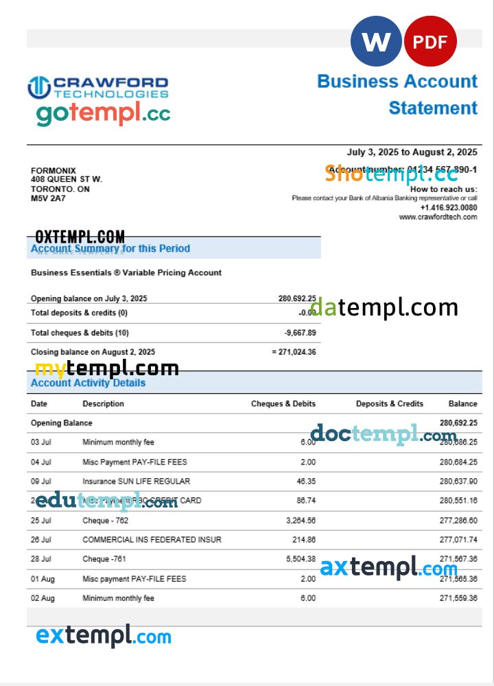 CrawfordTech business bank statement Word and PDF format