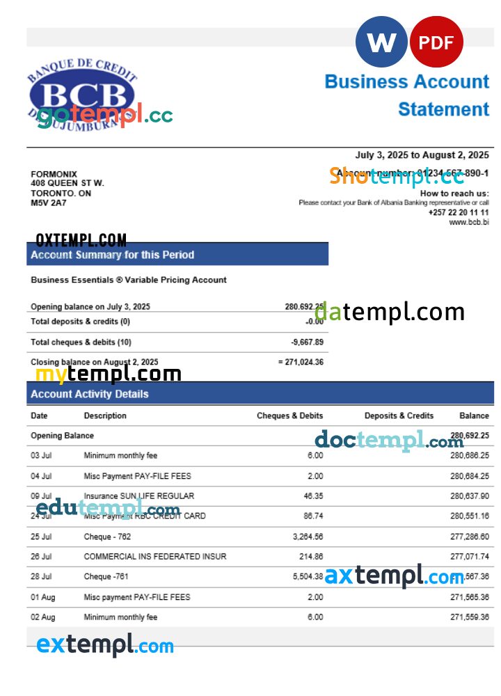 Credit Bank of Bujumbura enterprise account statement Word and PDF template