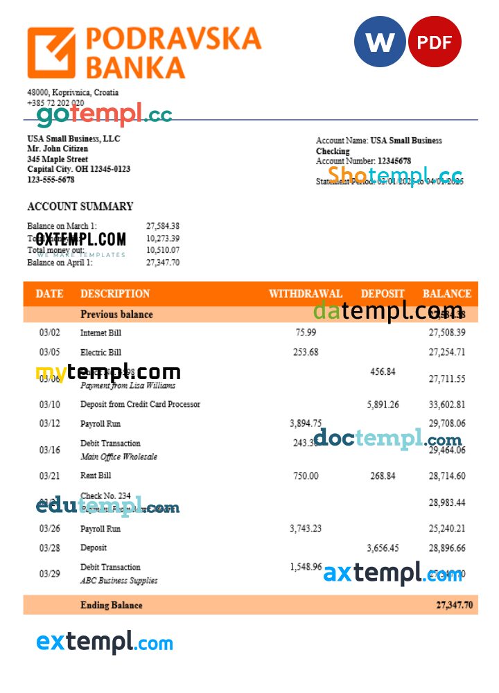 Croatia Podravska bank corporate checking account statement Word and PDF template