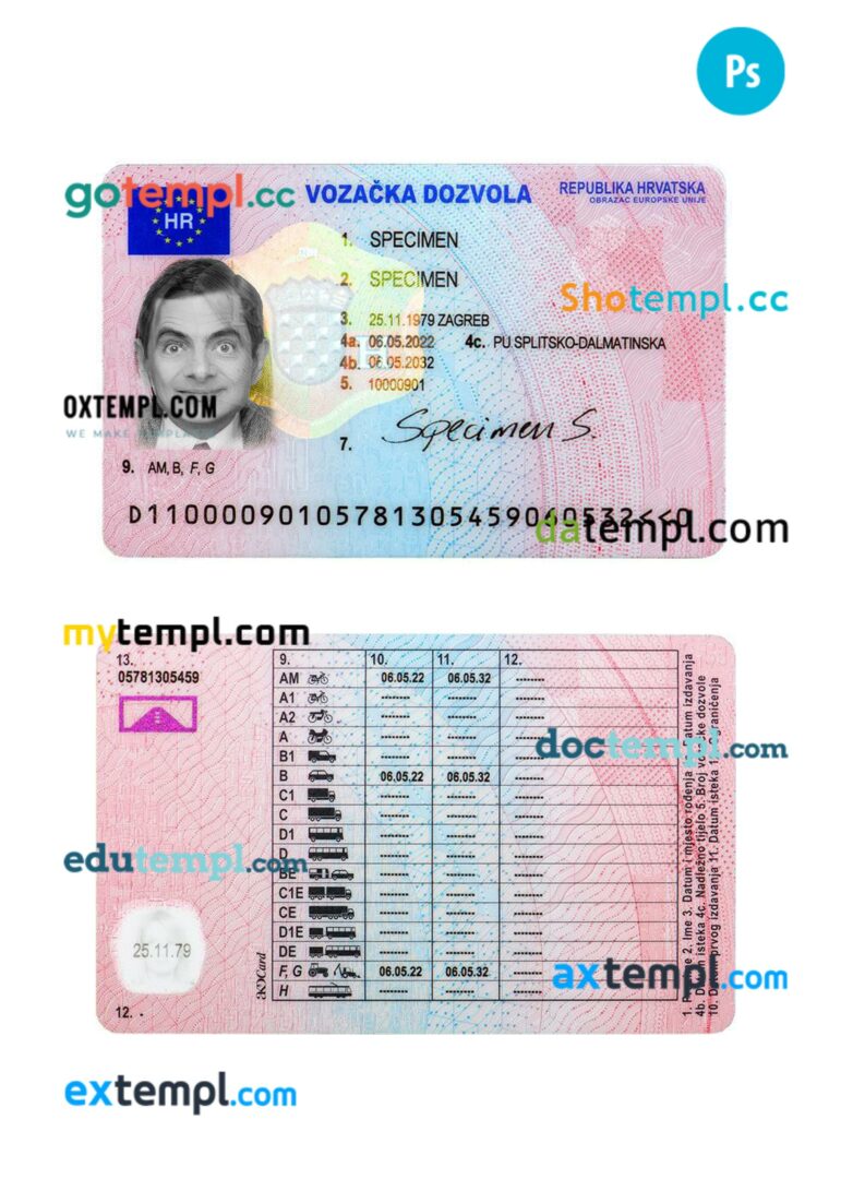Croatia driving license PSD editable template, 2022-prsesent