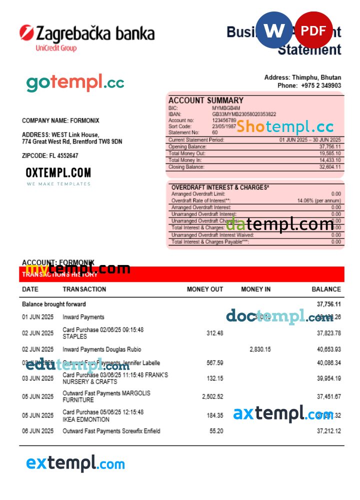 Croatian Zagrebačka Bank business firm account statement Word snd PDF format
