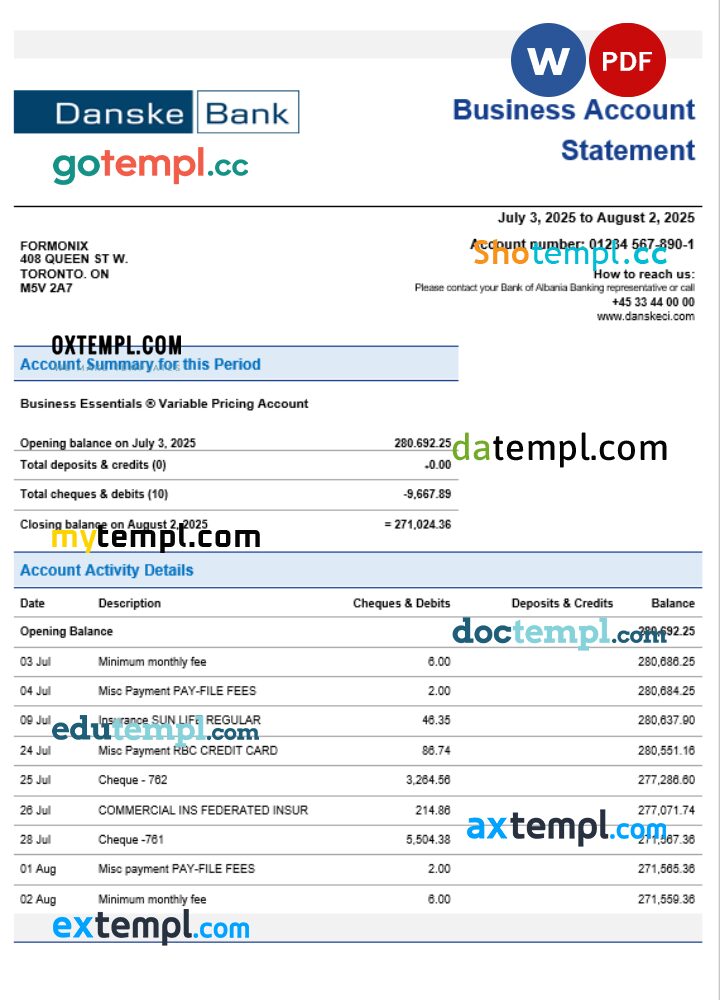 Danskebank business organization checking statement Word and PDF format