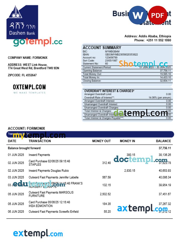 Dashen bank company statement Word and PDF format