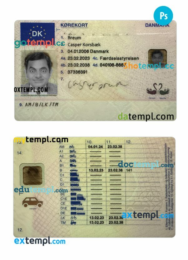 Denmark driving license PSD editable template, 2023-present