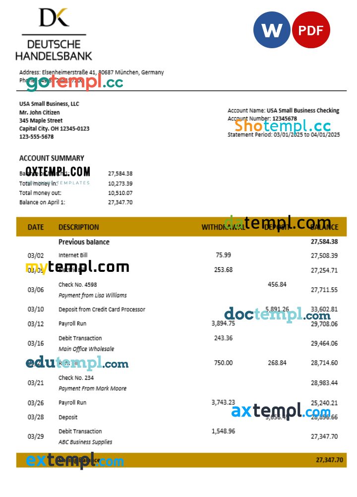 Deutsche Handelsbank firm account statement Word and PDF format