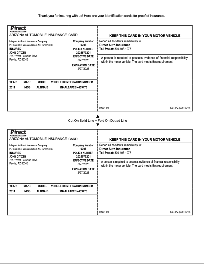 Direct Auto Insurance Arizona Automobile insurance card Word and PDF template