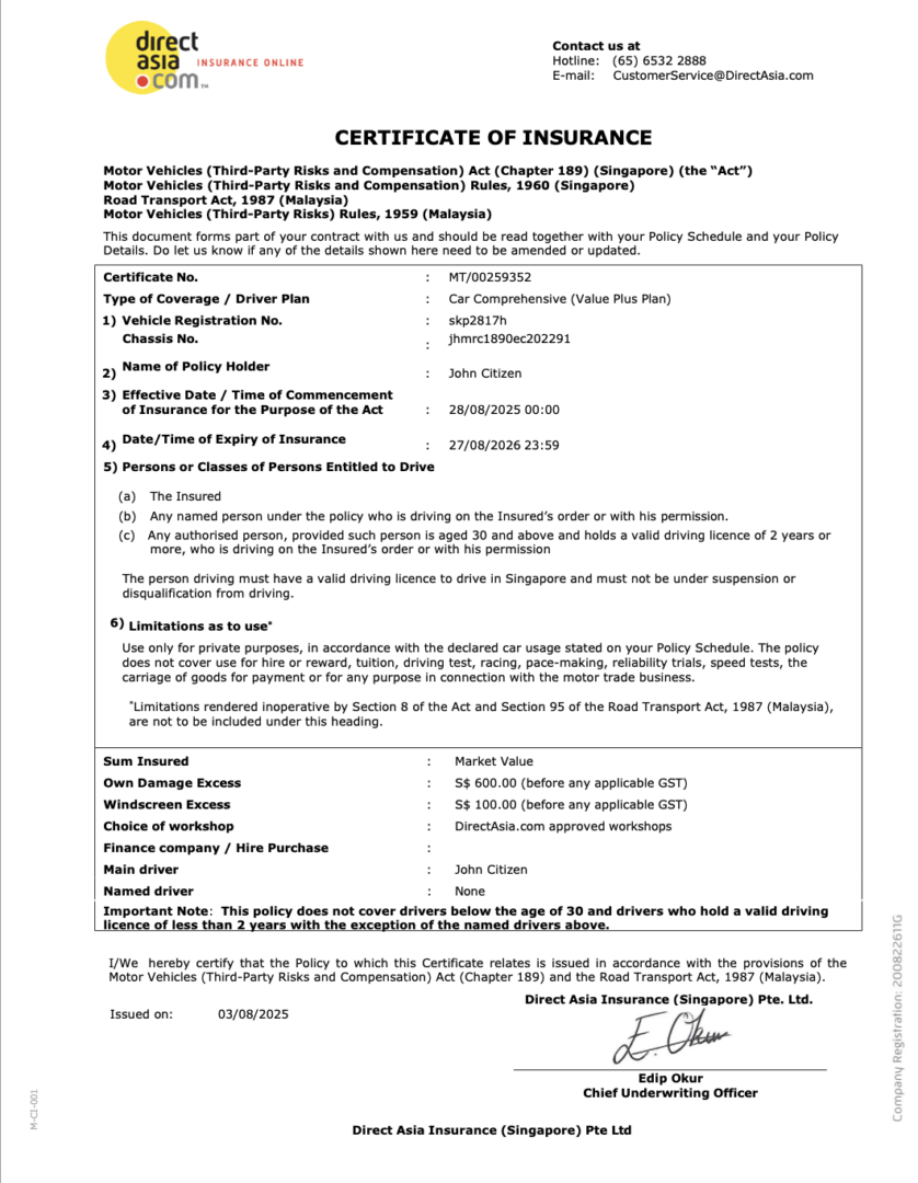 DirectAsia Insurance Singapore certificate of insurance Word and PDF template