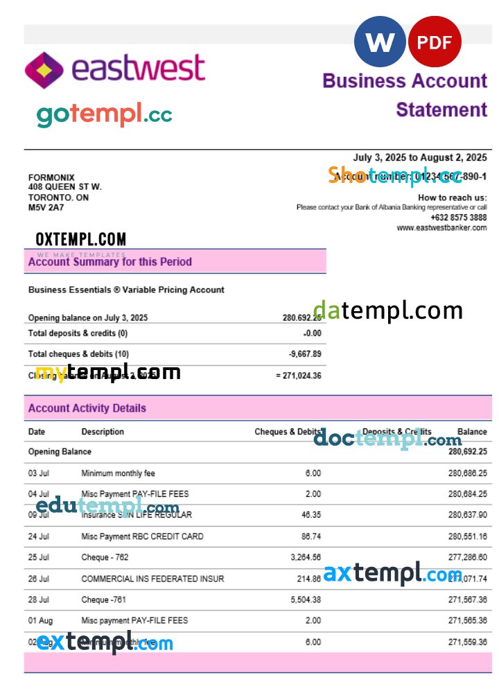 EastWest business firm account statement Word snd PDF format