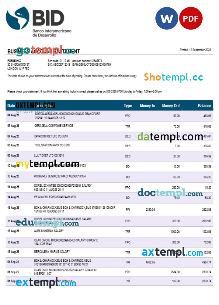 Ecuador Banco Interamericano de Desarrollo (BID) firm account statement Word and PDF format