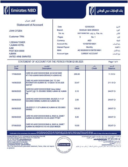 Emirates NBD statement of account Word and PDF template