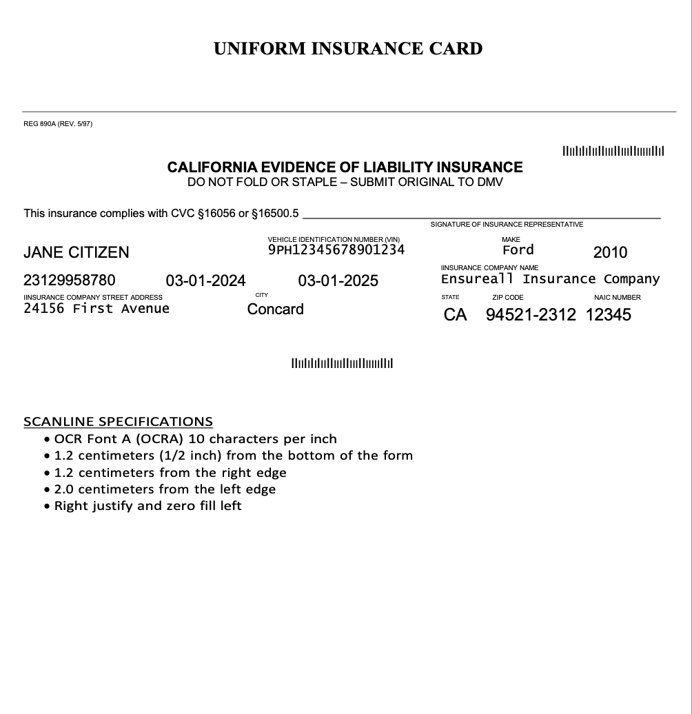 Ensureall Insurance Company California evidence of liability insurance Word and PDF template