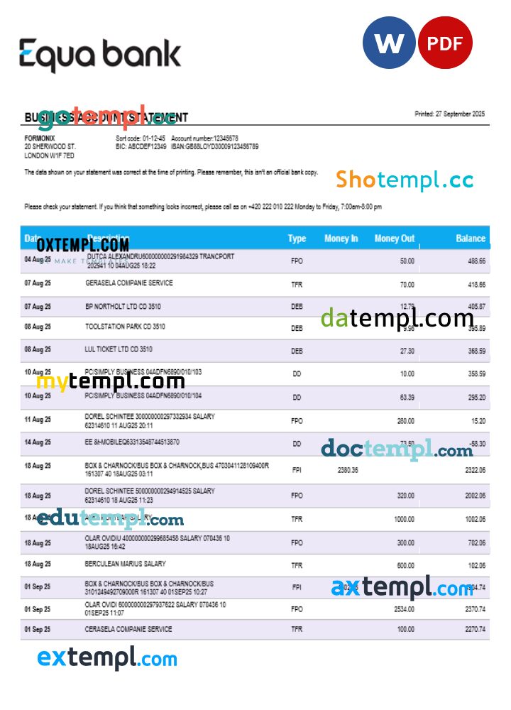 Equabank bank firm account statement Word and PDF template