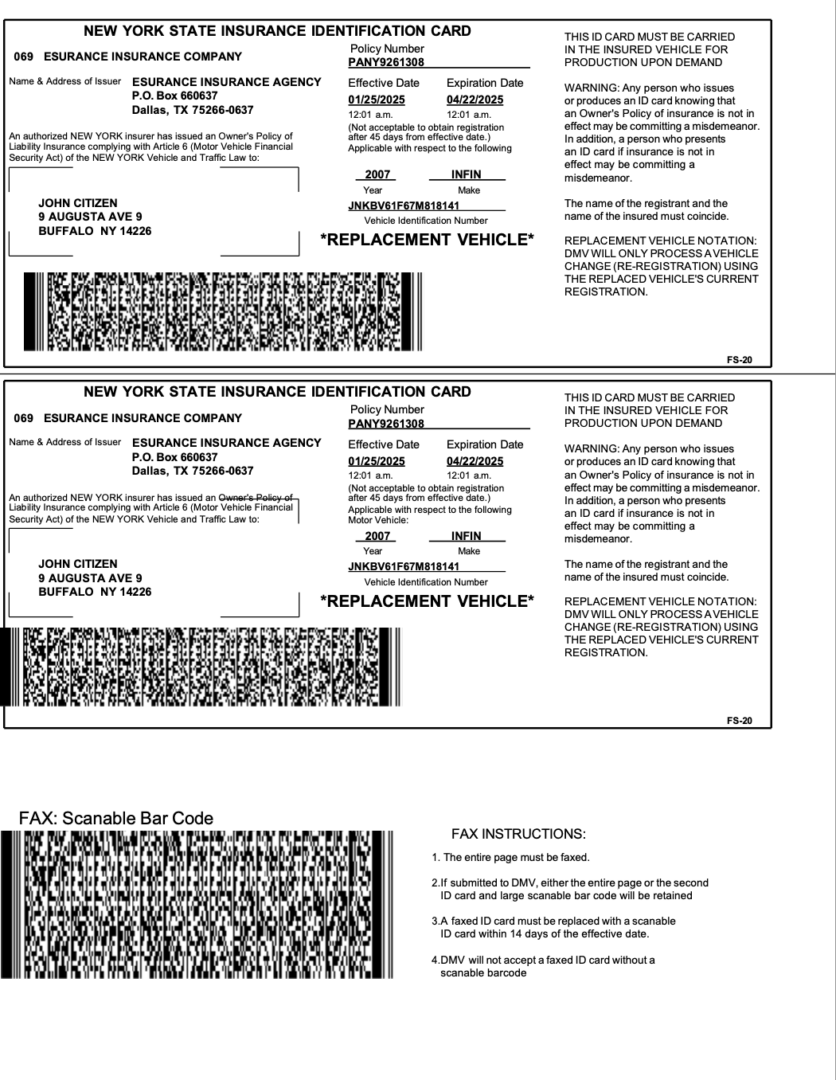 Esurance Insurance Company New York State Insurance identification card Word and PDF template