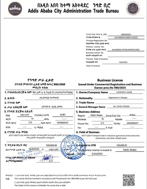 Ethiopia Addis Ababa business license Word and PDF template, version 2