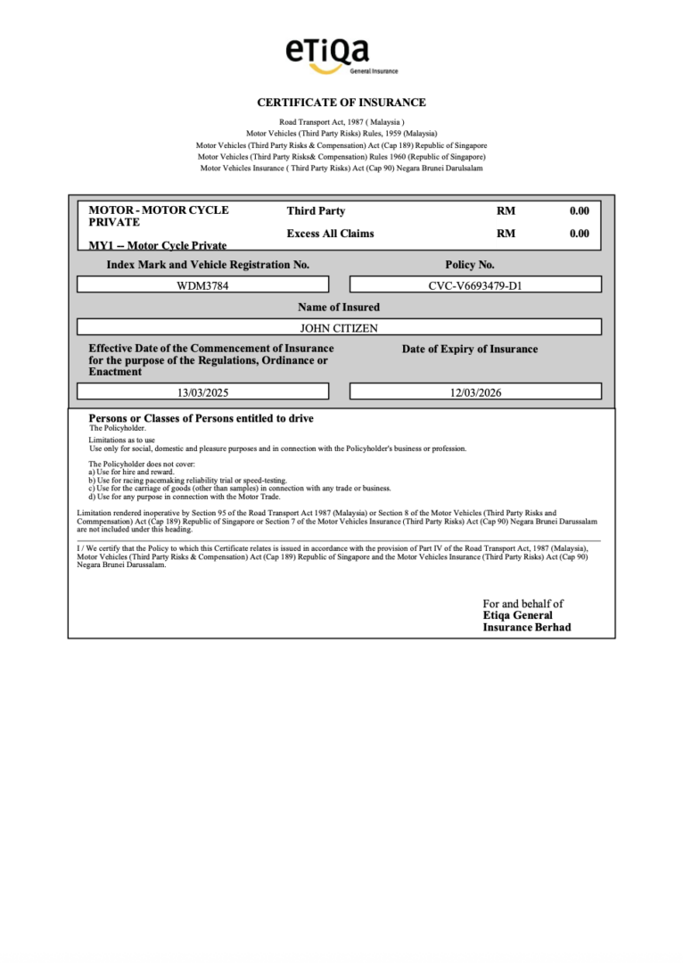 Etiqa Insurance Malaysia certificate of insurance Word and PDF template