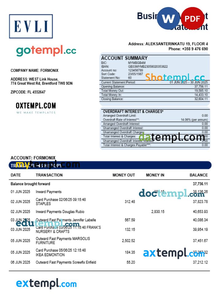 Evli Bank PLC enterprise account statement Word and PDF template