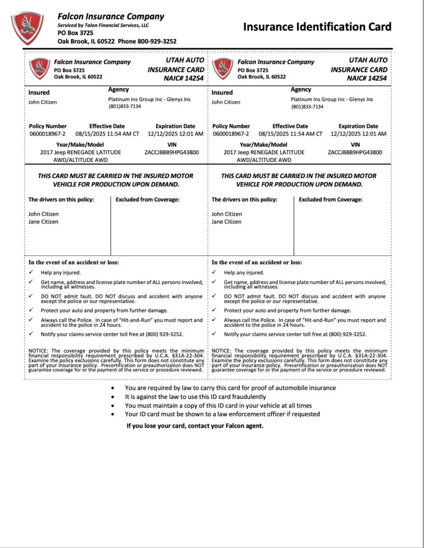 Falcon Insurance Company Utah Insurance identification card Word and PDF template
