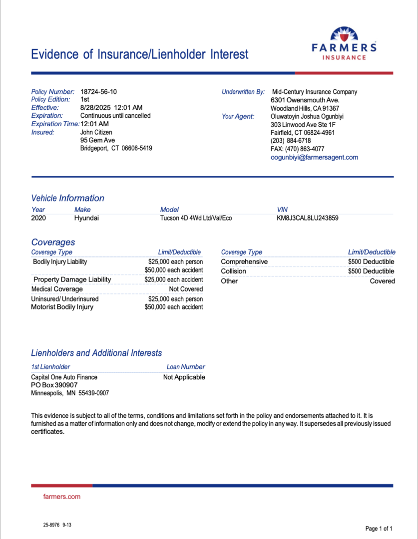 Farmers Insurance USA evidence of insurance Word and PDF template