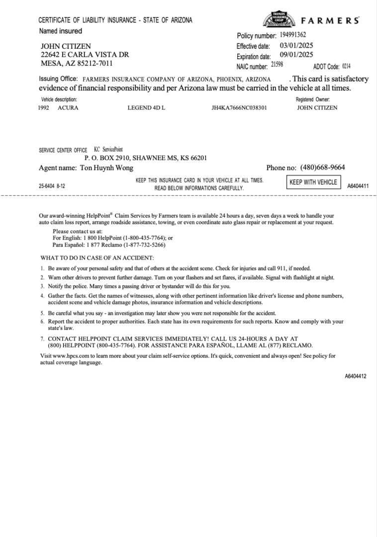 Farmers Insurance state of Arizona certificate of liability insurance Word and PDF template